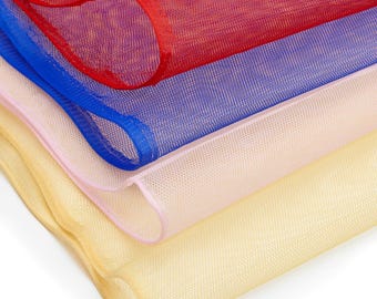 May include: Close-up of layered, sheer fabric in red, blue, pink, and yellow. The fabric has a fine mesh texture, with the edges of each layer rolled and sewn. The colors are vibrant and the fabric appears lightweight, suitable for various craft projects.
