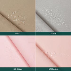 Puede incluir: Una cuadr&iacute;cula de cuatro paneles que muestra muestras de tela en caqui, plata, rosa claro y oro rosa. Cada muestra presenta una superficie repelente al agua con gotas visibles sobre el material texturizado. Las etiquetas identifican los colores como KHAKI, SILVER, LIGHT PINK y ROSE GOLD.