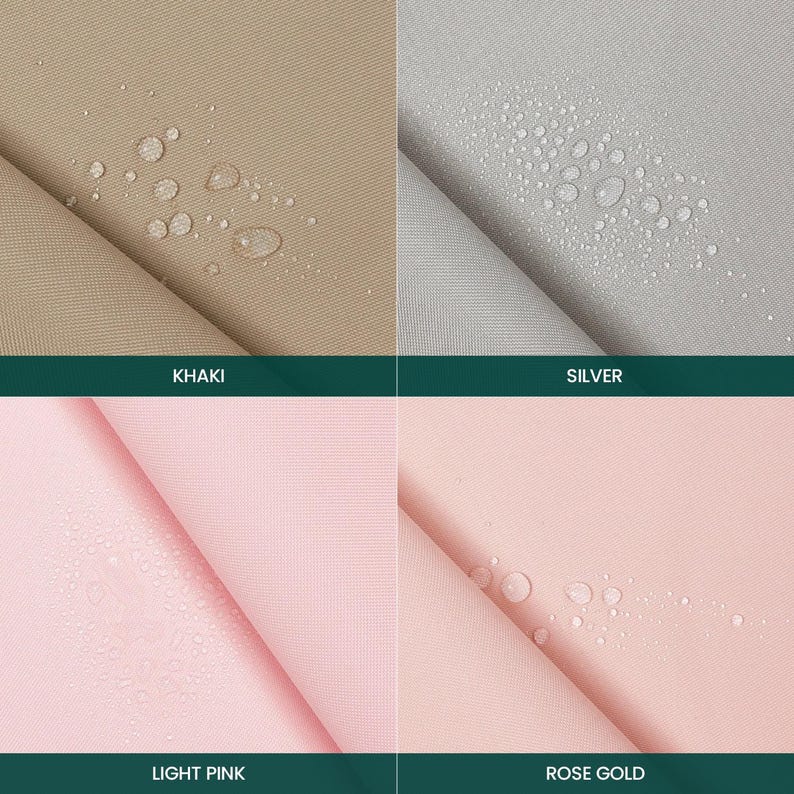 Puede incluir: Una cuadr&iacute;cula de cuatro paneles que muestra muestras de tela en caqui, plata, rosa claro y oro rosa. Cada muestra presenta una superficie repelente al agua con gotas visibles sobre el material texturizado. Las etiquetas identifican los colores como KHAKI, SILVER, LIGHT PINK y ROSE GOLD.