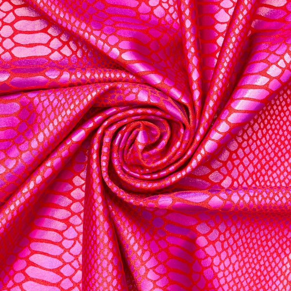 Snake Scale Hologram Tricot Foil Fabric - Red Fuchsia Shiny Stretchy 60” By The Yard