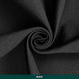 May include: Close-up of black fabric with a textured weave, tightly swirled to create a spiral pattern. The fabric is a solid black color, with the word "BLACK" in white text at the bottom.
