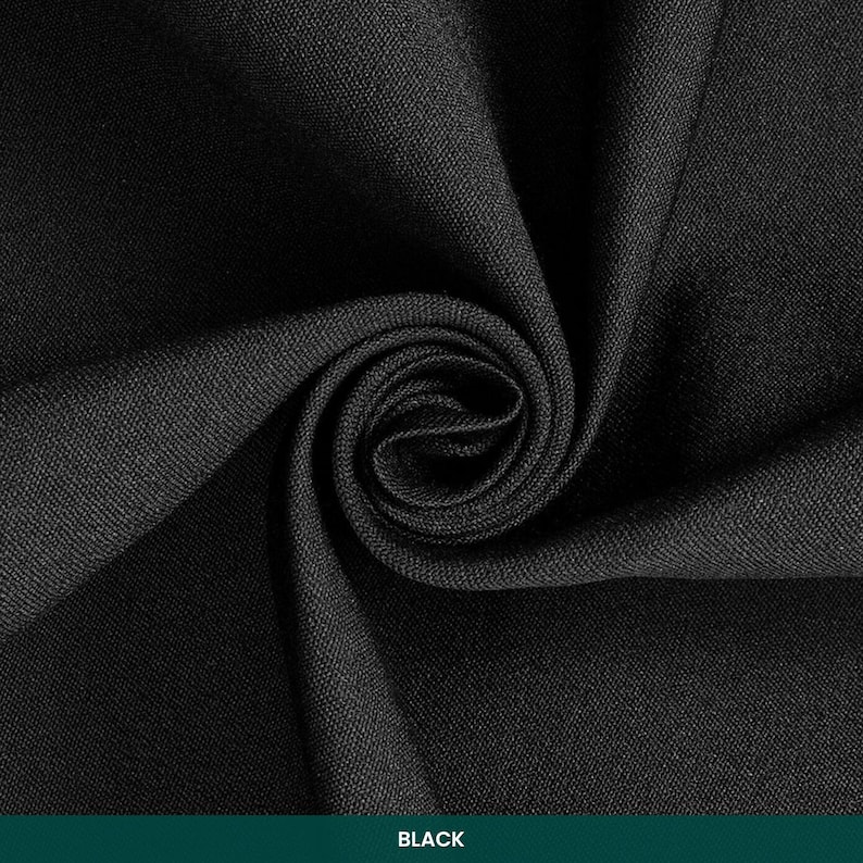 May include: Close-up of black fabric with a textured weave, tightly swirled to create a spiral pattern. The fabric is a solid black color, with the word "BLACK" in white text at the bottom.