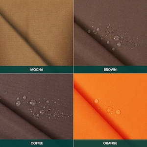 Puede incluir: Una cuadr&iacute;cula de cuatro muestras de tela en colores moca, marr&oacute;n, caf&eacute; y naranja. Cada muestra presenta un pliegue diagonal y una superficie repelente al agua con gotas visibles sobre el material texturizado. Las etiquetas identifican cada color.