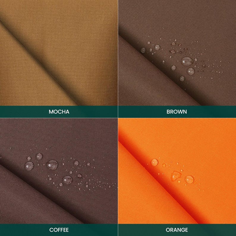 Puede incluir: Una cuadr&iacute;cula de cuatro muestras de tela en colores moca, marr&oacute;n, caf&eacute; y naranja. Cada muestra presenta un pliegue diagonal y una superficie repelente al agua con gotas visibles sobre el material texturizado. Las etiquetas identifican cada color.