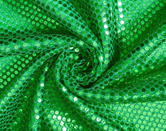Tecido verde brilhante com lantejoulas e confetes para costura de fantasias, roupas e artesanato, vendido por metro.