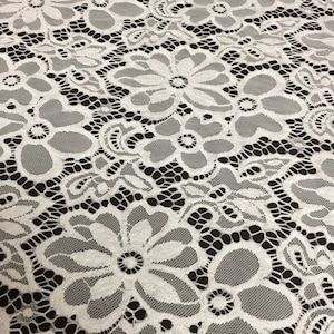 Off White Stretch Lace Fabric Floral Embroidery Poly Spandex 58&quot; Wide BTY Wedding Apparel