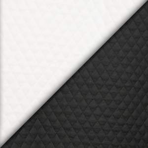 May include: A diagonal split image showcasing two quilted fabric swatches. One side is a bright white, the other is a deep black. Both fabrics feature a diamond pattern created by stitching.