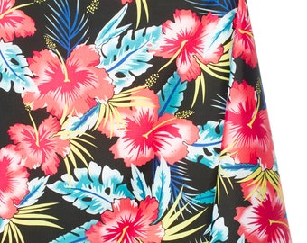May include: Black fabric with a vibrant floral pattern featuring large red hibiscus flowers, turquoise and blue leaves, and yellow accents. The tropical design is set against a dark background, creating a striking contrast.