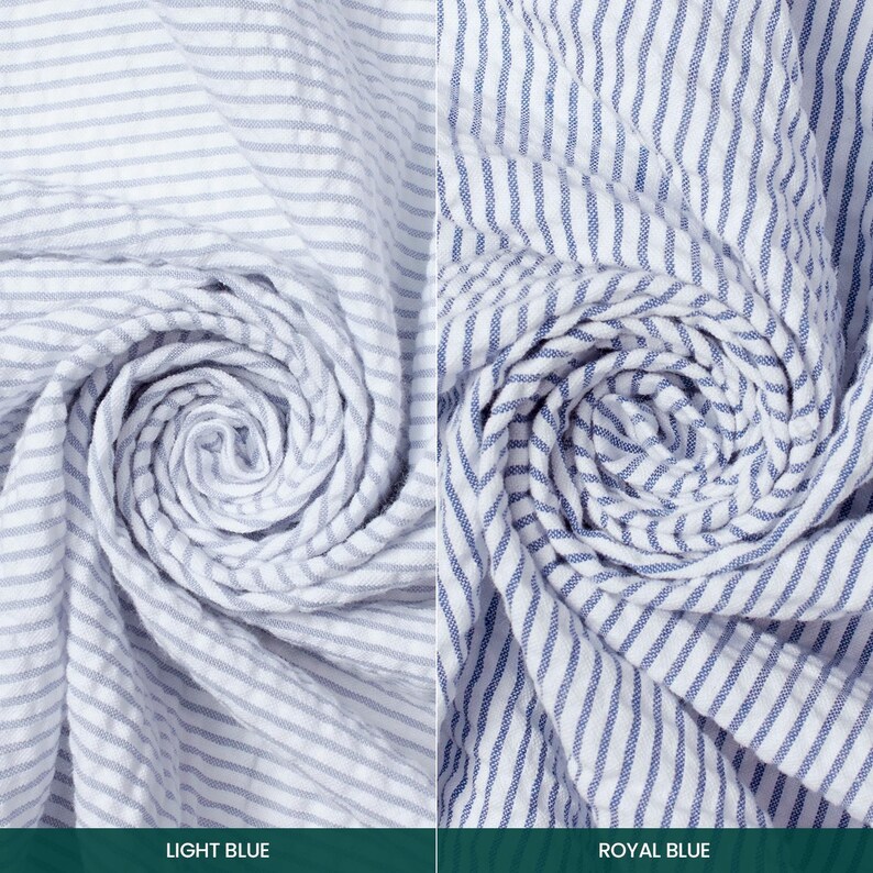 May include: Two fabric samples with blue and white stripes. One is light blue, the other is royal blue. The fabric is gathered and swirled, showing the texture and pattern. The text at the bottom reads "LIGHT BLUE" and "ROYAL BLUE".