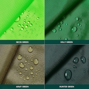 May include: A close-up of four fabric swatches in various shades of green and olive, with water droplets on the surface. The colors are labeled: Neon Green, Kelly Green, Army Green, and Hunter Green. The fabric appears to be waterproof.