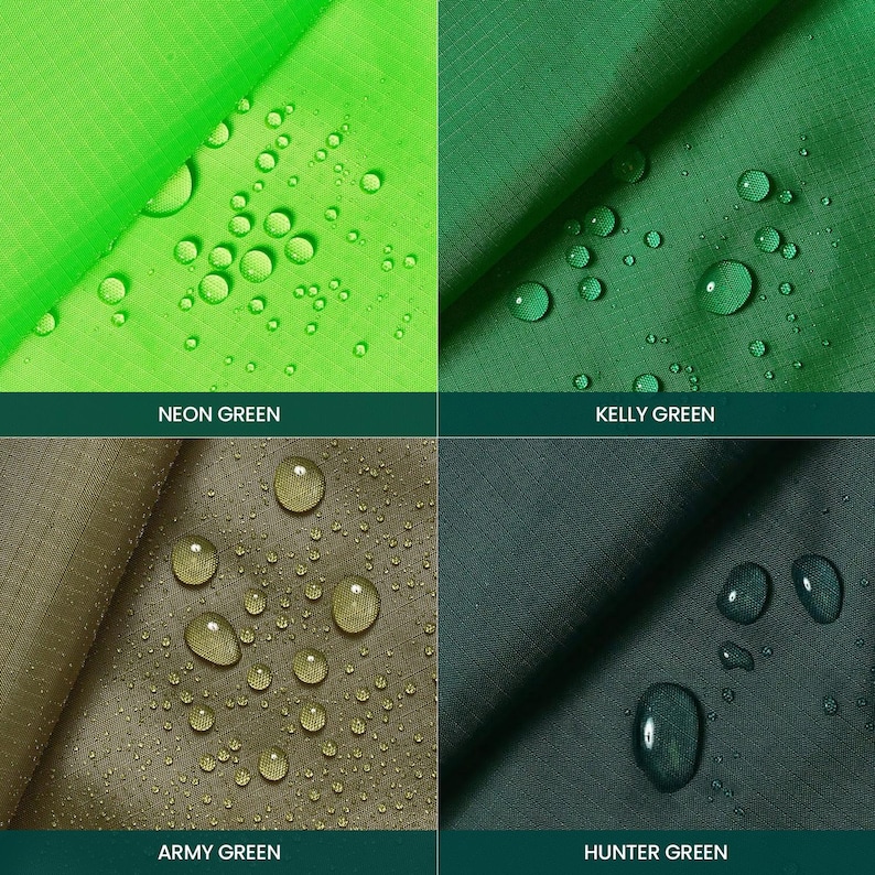 May include: A close-up of four fabric swatches in various shades of green and olive, with water droplets on the surface. The colors are labeled: Neon Green, Kelly Green, Army Green, and Hunter Green. The fabric appears to be waterproof.