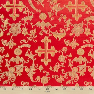 Red/Gold Metallic Church Cross Brocade Fabric
