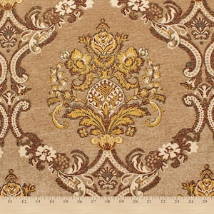 Viktorianischer Damast Chenille Polsterstoff Brokat Jacquard 146/157 cm Stoff Schüttgut - Hellbraun / Burgund