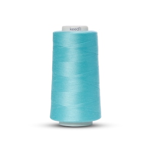 May include: A spool of turquoise thread with the brand name "keedll" printed on the top. The thread is tightly wound around a white plastic core. The thread has a slight sheen, suggesting it is made of a synthetic material.