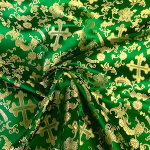 Kelly Green/Gold Metallic Church Cross Brocade Fabric