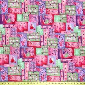 May include: A pink, green, and purple fabric with a patchwork design featuring hearts, XOXO, and the word "Cure".