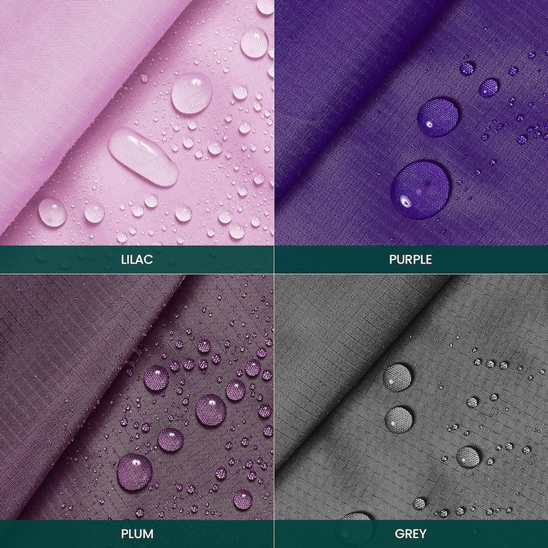 May include: Close-up of four fabric swatches in lilac, purple, plum, and grey. Water droplets are visible on the fabric. The colors are labeled with text: "LILAC", "PURPLE", "PLUM", and "GREY".