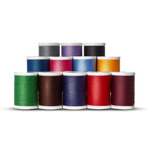 May include: A collection of colorful spools of thread, arranged in a tiered display. The spools are in various colors, including green, brown, blue, red, and purple. Each spool has a white top and bottom. The threads are tightly wound and ready for sewing projects.