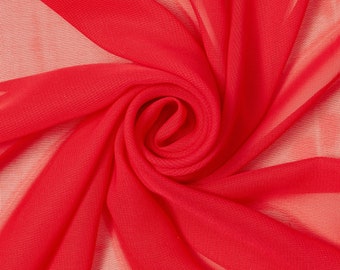 Tissu mousseline de soie rouge, polyester, toutes les couleurs unies, transparent, 58 pouces de large par mètre pour vêtements, décoration et travaux manuels