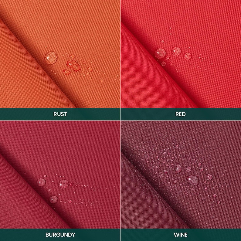Puede incluir: Una cuadr&iacute;cula de cuatro muestras de tela en colores &oacute;xido, rojo, burdeos y vino. Cada muestra presenta una superficie repelente al agua con gotas visibles sobre el material texturizado. Las etiquetas RUST, RED, BURGUNDY, WINE est&aacute;n presentes.