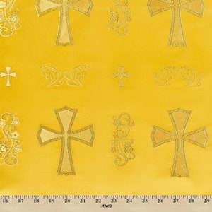 Gold / Gold Clerical Church Cross Brocade Fabric 58/60&quot; Nylon Poly Metallic Sold By the Yard