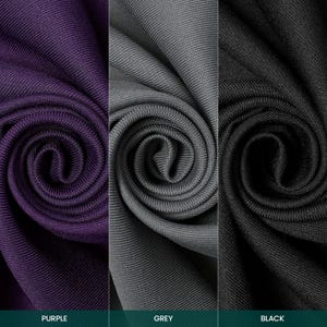 Puede incluir: Primer plano de tres muestras de tela en morado, gris y negro, cada una enrollada en espiral. La parte inferior de la imagen tiene las palabras "PURPLE", "GREY" y "BLACK" en texto blanco.