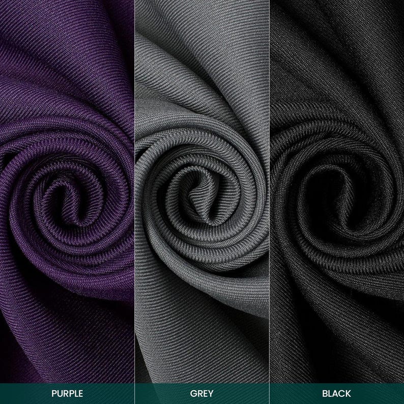 Puede incluir: Primer plano de tres muestras de tela en morado, gris y negro, cada una enrollada en espiral. La parte inferior de la imagen tiene las palabras "PURPLE", "GREY" y "BLACK" en texto blanco.