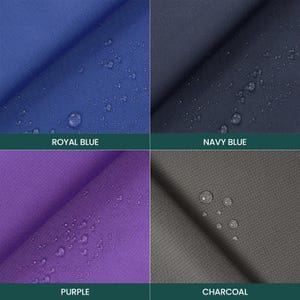 May include: A grid of four fabric swatches in royal blue, navy blue, purple, and charcoal. Each swatch features a fine, woven texture with visible water droplets beaded on the surface, demonstrating a water-resistant finish.