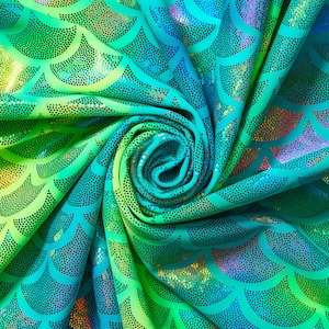 Mermaid Scale Hologram Tricot Foil Fabric - Green Teal Shiny Stretchy 60&quot; By The Yard