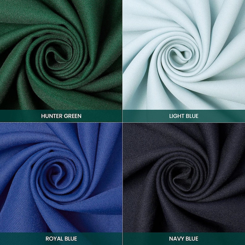 Puede incluir: Cuatro muestras de tela en verde cazador, azul claro, azul real y azul marino. Cada muestra est&aacute; fuertemente arremolinada, mostrando la textura y el color. Los nombres de los colores se muestran debajo de cada muestra.