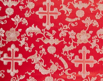 Tissu de brocart de croix d’église métallique rouge / argent