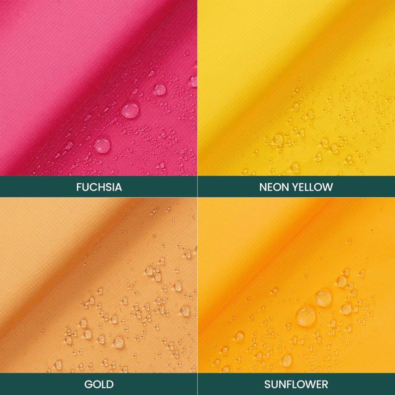 May include: A four-panel grid showing fabric swatches in fuchsia, neon yellow, gold, and sunflower. Each swatch features a smooth, water-repellent texture with small, clear water droplets beaded across the surface of the vibrant material.