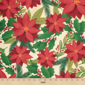 Holiday Floral Print Broadcloth Fabric - Ivory Multi-Color Polyester Cotton 58/60&quot; By The Yard