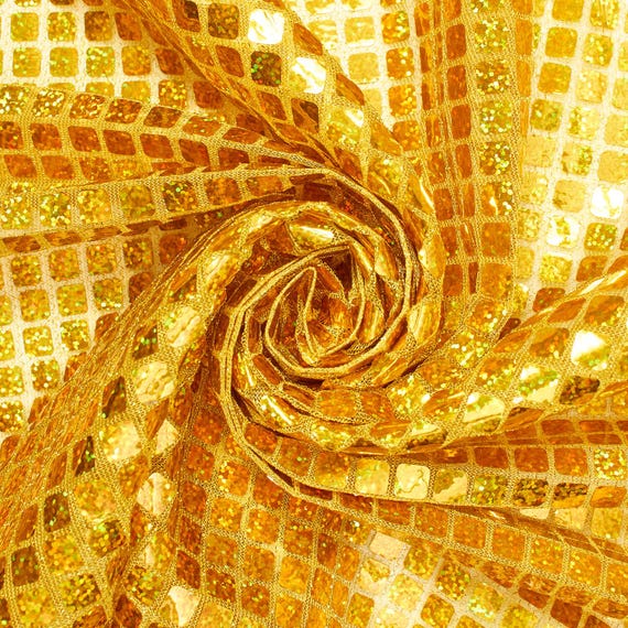 Gold Hologram 8mm Square Sequins Fabric for Sewing Costumes Apparel Crafts by the Yard