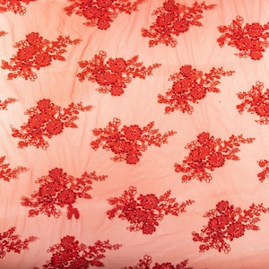 Lux Beaded Bridal Lace Fabric Floral Sequin Pattern Red Sold BTY