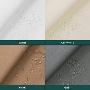 May include: A grid-patterned fabric swatch display featuring four color variations: white, off-white, khaki, and grey. Each section shows water droplets beaded on the surface, demonstrating a water-resistant finish on the textile material.