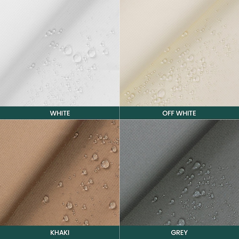 May include: A grid-patterned fabric swatch display featuring four color variations: white, off-white, khaki, and grey. Each section shows water droplets beaded on the surface, demonstrating a water-resistant finish on the textile material.