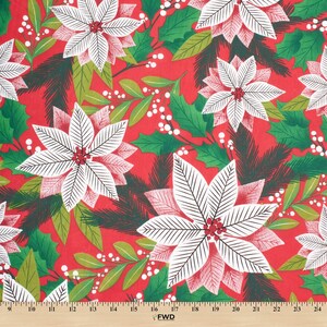 Holiday Floral Print Broadcloth Fabric - Red Multi-Color Polyester Cotton 58/60&quot; By The Yard