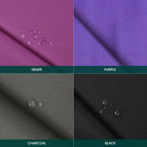 Puede incluir: Una cuadr&iacute;cula de cuatro paneles que muestra muestras de tela en color uva, morado, carb&oacute;n y negro. Cada muestra presenta un tejido texturizado y gotas de agua visibles en la superficie. Los colores est&aacute;n etiquetados como Grape, Purple, Charcoal y Black.