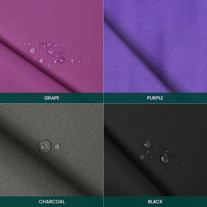 Puede incluir: Una cuadr&iacute;cula de cuatro paneles que muestra muestras de tela en color uva, morado, carb&oacute;n y negro. Cada muestra presenta un tejido texturizado y gotas de agua visibles en la superficie. Los colores est&aacute;n etiquetados como Grape, Purple, Charcoal y Black.