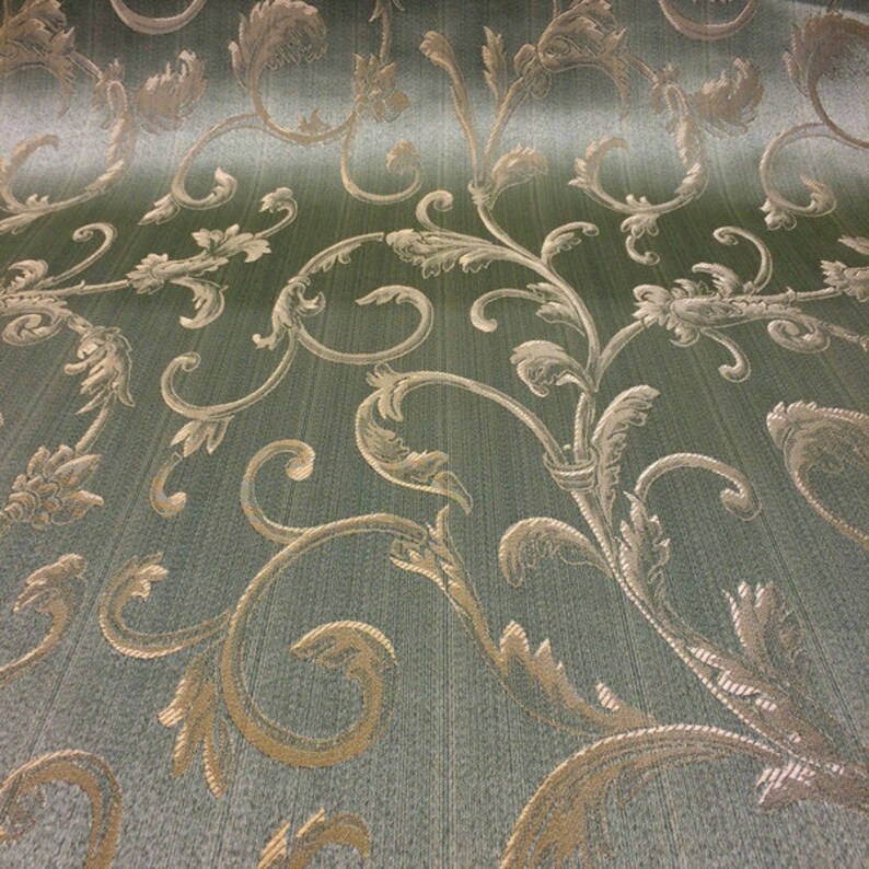 Sage Green Gold Damask Jacquard Vine Brocade Fabric Etsy
