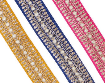 Metallic Woven Trim 1.5 in. Shiny Two Tone Medium Weight Floral Corded Sewing Upholstery Polyester
