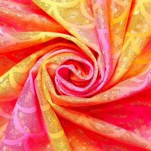 Mermaid Scale Hologram Tricot Foil Fabric - Yellow Pink Shiny Stretchy 60&quot; By The Yard