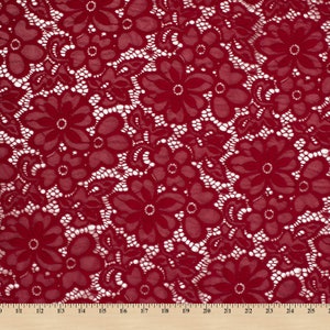 Burgundy Stretch Lace Fabric Floral Embroidery Poly Spandex 58" Wide BTY Wedding Apparel Florence