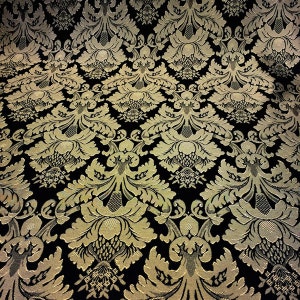 Black / Gold Damask Jacquard Floral Brocade Fabric 118&quot; By the Yard