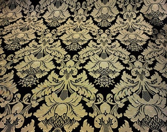 Tecido brocado floral jacquard damasco preto/dourado, 118" (3 metros)