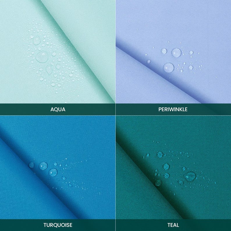 Puede incluir: Una cuadr&iacute;cula de cuatro paneles que muestra muestras de tela en aguamarina, b&iacute;garo, turquesa y verde azulado. Cada tejido liso presenta una superficie repelente al agua con gotas visibles. Las etiquetas Aqua, Periwinkle, Turquoise y Teal est&aacute;n impresas en blanco sobre barras oscuras en la parte inferior de cada secci&oacute;n.