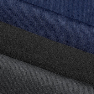 May include: Close-up of three different fabric swatches. The top swatch is a deep navy blue, the middle is black, and the bottom is a dark gray. All three fabrics have a subtle woven texture, with visible diagonal lines.