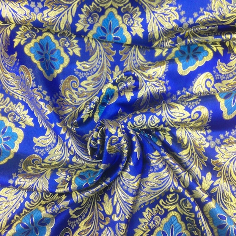 Royal Blue / Gold Metallic Floral Brocade Fabric Etsy