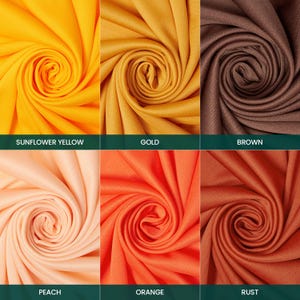 K&ouml;nnte beinhalten: Ein Raster aus sechs Stoffmustern in Spiralform, beschriftet mit Sunflower Yellow, Gold, Brown, Peach, Orange und Rust. Jedes Muster zeigt eine eigene Volltonfarbe mit sichtbarer Textilstruktur und Falten, die von der Mitte ausgehen.